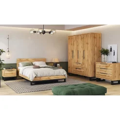 Armoire en bois style Scandinave 190cm avec 4 portes et 2 tiroirs couleur chene brut. Collection MILOS