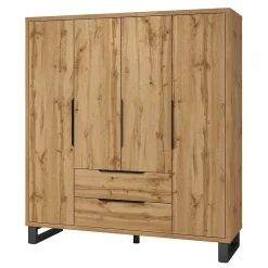 Armoire en bois style Scandinave 190cm avec 4 portes et 2 tiroirs couleur chene brut. Collection MILOS
