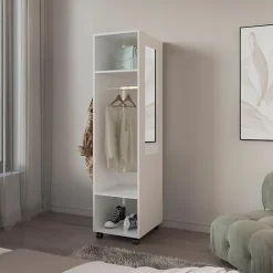 Armoire en mélamine Kronospan, trois étagères, tringle à vêtements et miroir inclus, Blanc, 160 cm X 40 cm X 48 cm
