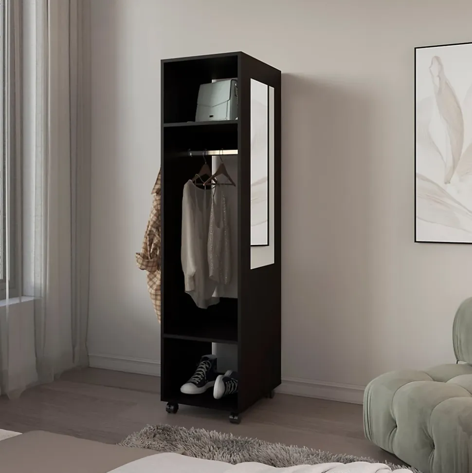 Armoire en mélamine Kronospan, trois étagères, tringle à vêtements et miroir inclus, Noir, 160 cm X 40 cm X 48 cm