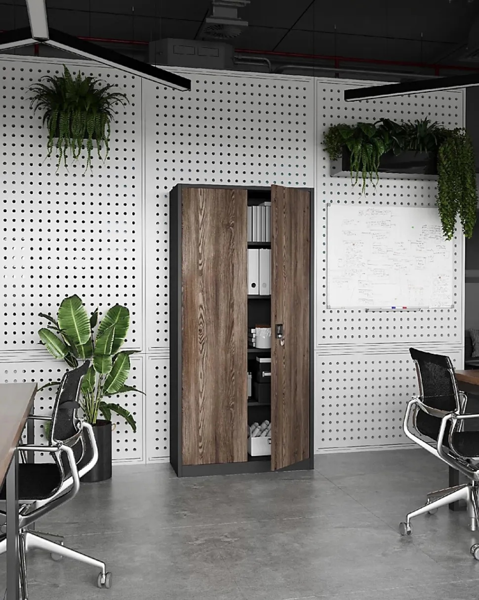 Armoire en métal verrouillable JAN, 900 x 1850 x 400 mm, Eco Design: anthracite/ couleur noyer