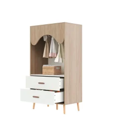 Armoire Enfant - Penderie Ouverte avec 2 Tiroirs, Meuble de Chambre Pratique - Bois MDF, Blanc et Bois Naturel, 80x46x141,5 cm