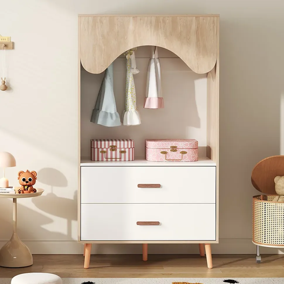 Armoire Enfant - Penderie Ouverte avec 2 Tiroirs, Meuble de Chambre Pratique - Bois MDF, Blanc et Bois Naturel, 80x46x141,5 cm