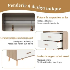 Armoire Enfant - Penderie Ouverte avec 2 Tiroirs, Meuble de Chambre Pratique - Bois MDF, Blanc et Bois Naturel, 80x46x141,5 cm