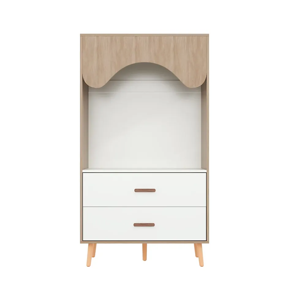 Armoire Enfant - Penderie Ouverte avec 2 Tiroirs, Meuble de Chambre Pratique - Bois MDF, Blanc et Bois Naturel, 80x46x141,5 cm
