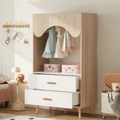 Armoire Enfant - Penderie Ouverte avec 2 Tiroirs, Meuble de Chambre Pratique - Bois MDF, Blanc et Bois Naturel, 80x46x141,5 cm