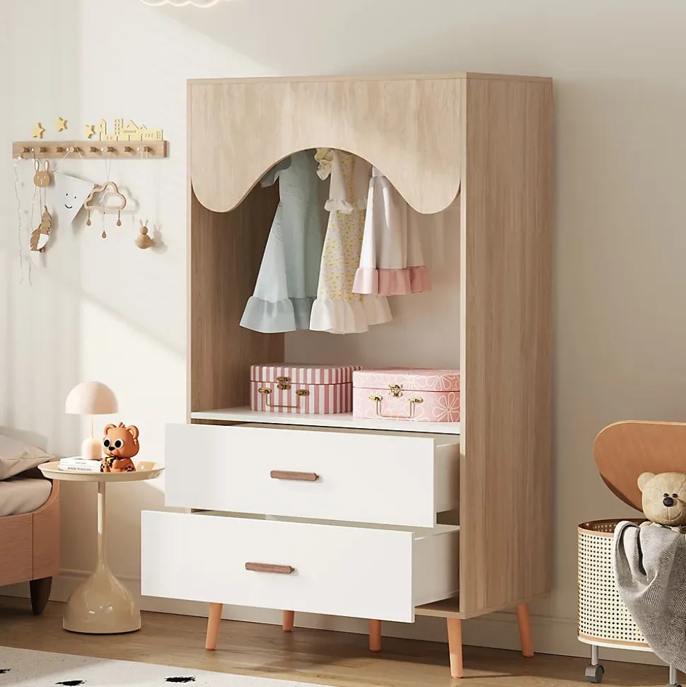 Armoire Enfant - Penderie Ouverte avec 2 Tiroirs, Meuble de Chambre Pratique - Bois MDF, Blanc et Bois Naturel, 80x46x141,5 cm