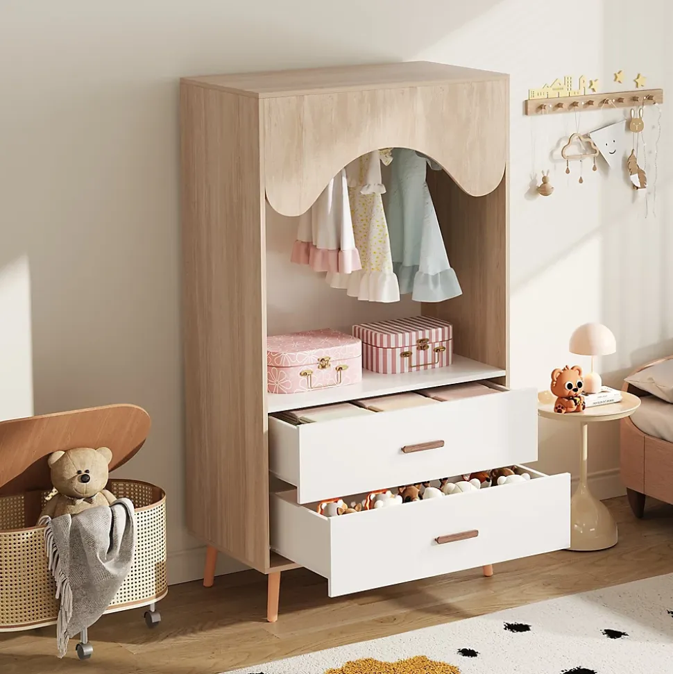 Armoire Enfant - Penderie Ouverte avec 2 Tiroirs, Meuble de Chambre Pratique - Bois MDF, Blanc et Bois Naturel, 80x46x141,5 cm