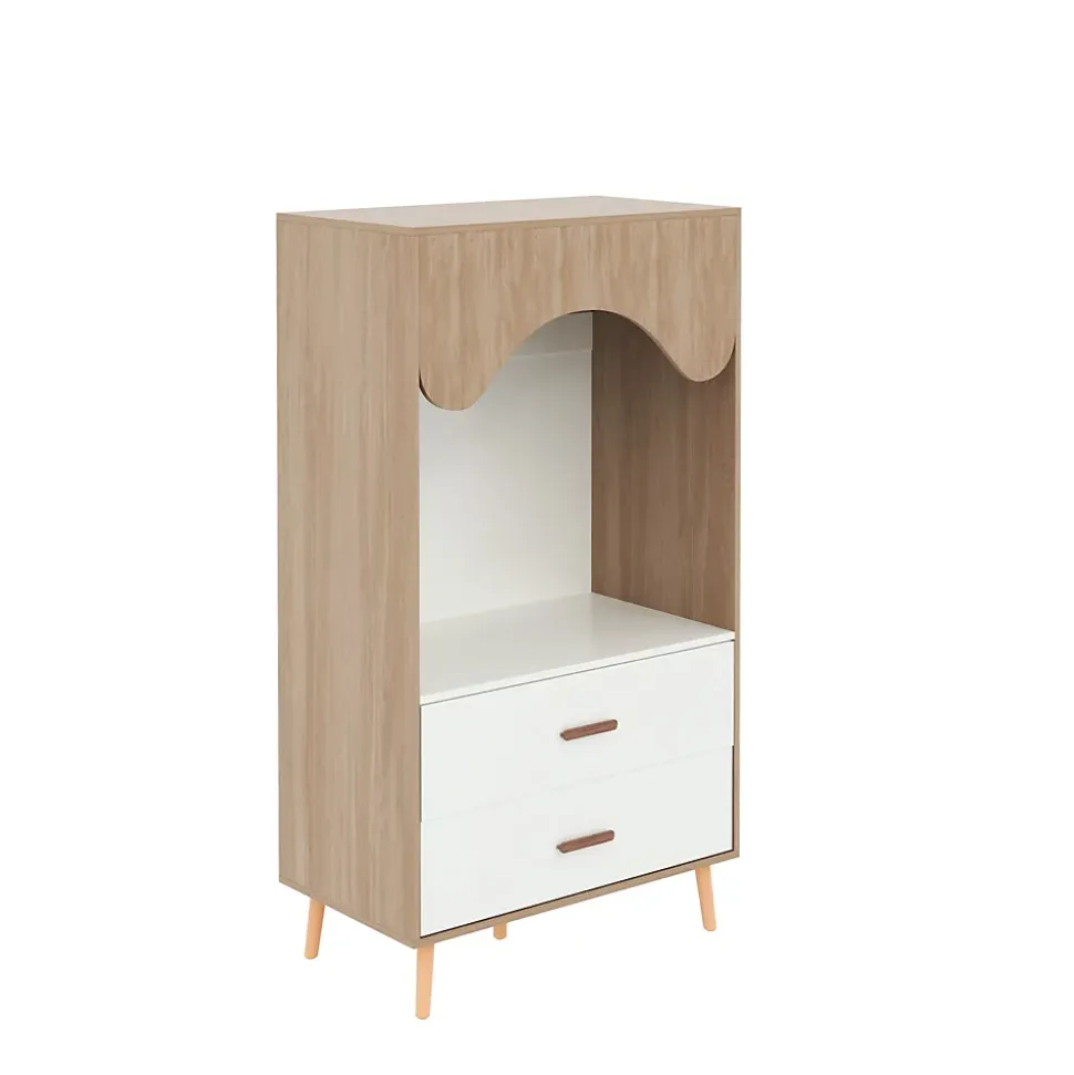 Armoire Enfant - Penderie Ouverte avec 2 Tiroirs, Meuble de Chambre Pratique - Bois MDF, Blanc et Bois Naturel, 80x46x141,5 cm