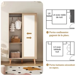 Armoire Enfant - Portes Coulissantes avec Tringle, Meuble de Chambre Pratique - Bois MDF, Blanc et Bois Naturel, 80x46x141,5 cm