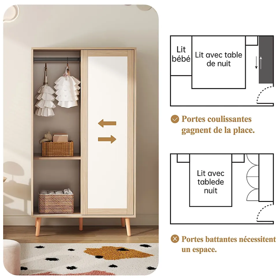 Armoire Enfant - Portes Coulissantes avec Tringle, Meuble de Chambre Pratique - Bois MDF, Blanc et Bois Naturel, 80x46x141,5 cm