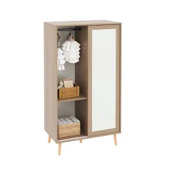 Armoire Enfant - Portes Coulissantes avec Tringle, Meuble de Chambre Pratique - Bois MDF, Blanc et Bois Naturel, 80x46x141,5 cm