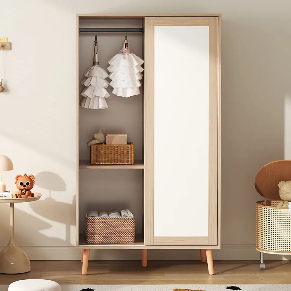 Armoire Enfant - Portes Coulissantes avec Tringle, Meuble de Chambre Pratique - Bois MDF, Blanc et Bois Naturel, 80x46x141,5 cm