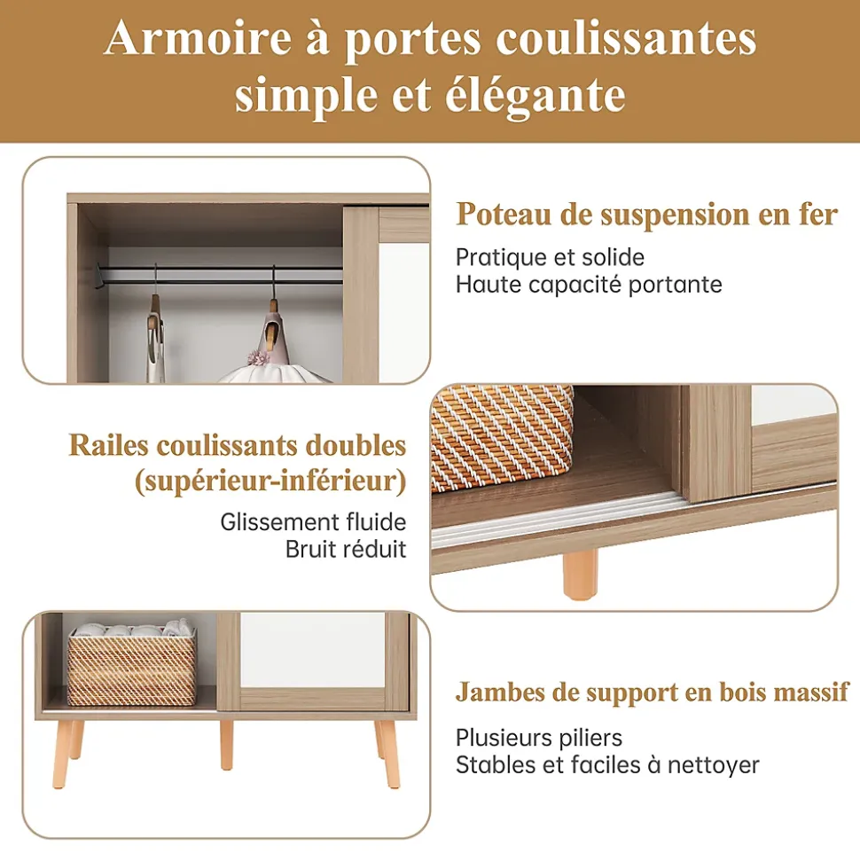 Armoire Enfant - Portes Coulissantes avec Tringle, Meuble de Chambre Pratique - Bois MDF, Blanc et Bois Naturel, 80x46x141,5 cm