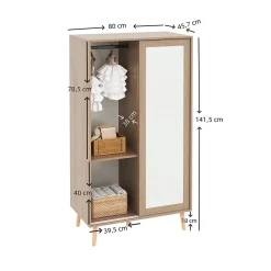 Armoire Enfant - Portes Coulissantes avec Tringle, Meuble de Chambre Pratique - Bois MDF, Blanc et Bois Naturel, 80x46x141,5 cm
