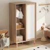 Armoire Enfant à Portes Coulissantes avec Étagères Ouvertes/2 Tiroirs - MDF Massif Blanc/Bois, 80x46x141,5 cm
