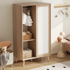 Armoire Enfant à Portes Coulissantes avec Étagères Ouvertes/2 Tiroirs - MDF Massif Blanc/Bois, 80x46x141,5 cm