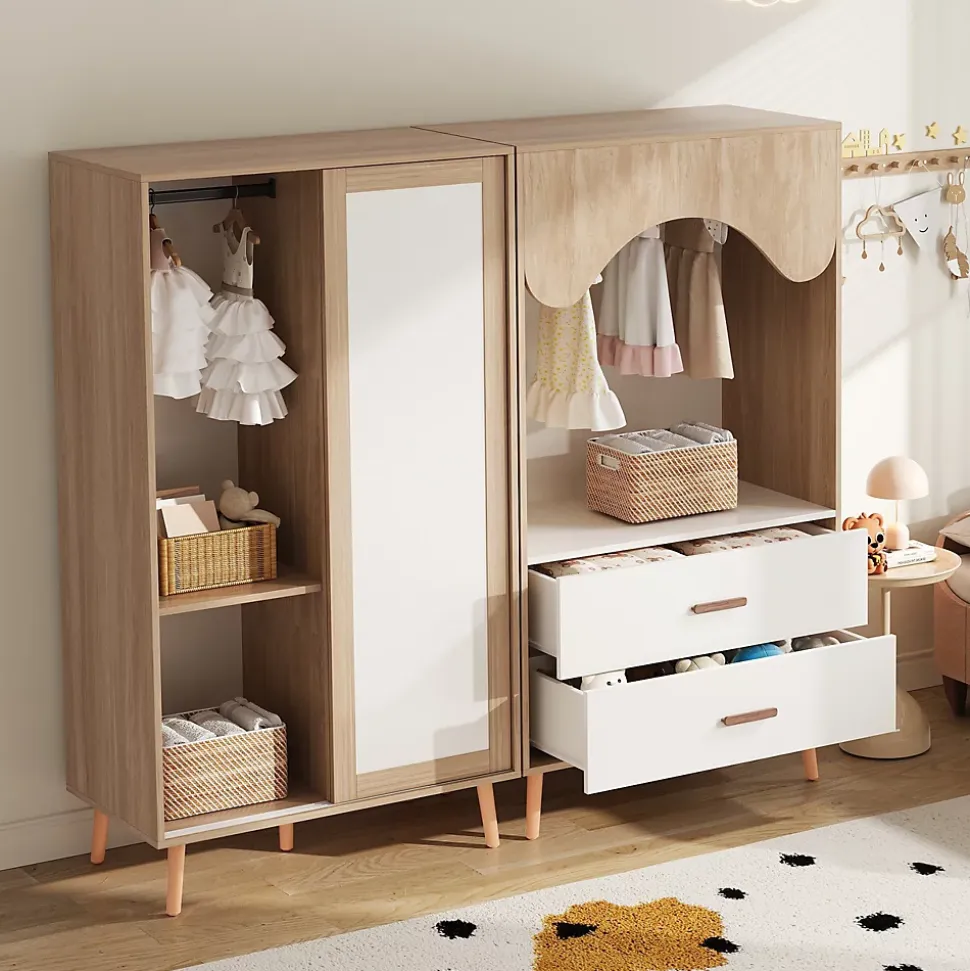 Armoire Enfant à Portes Coulissantes avec Étagères Ouvertes/2 Tiroirs - MDF Massif Blanc/Bois, 80x46x141,5 cm