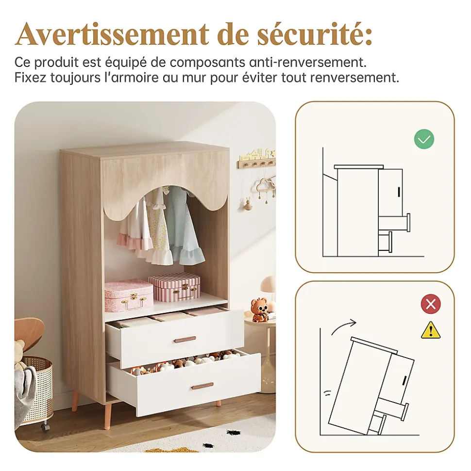 Armoire Enfant à Portes Coulissantes avec Étagères Ouvertes/2 Tiroirs - MDF Massif Blanc/Bois, 80x46x141,5 cm
