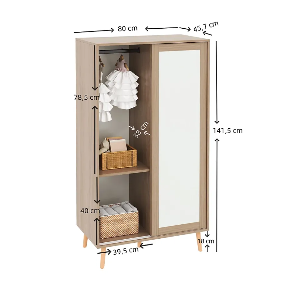 Armoire Enfant à Portes Coulissantes avec Étagères Ouvertes/2 Tiroirs - MDF Massif Blanc/Bois, 80x46x141,5 cm