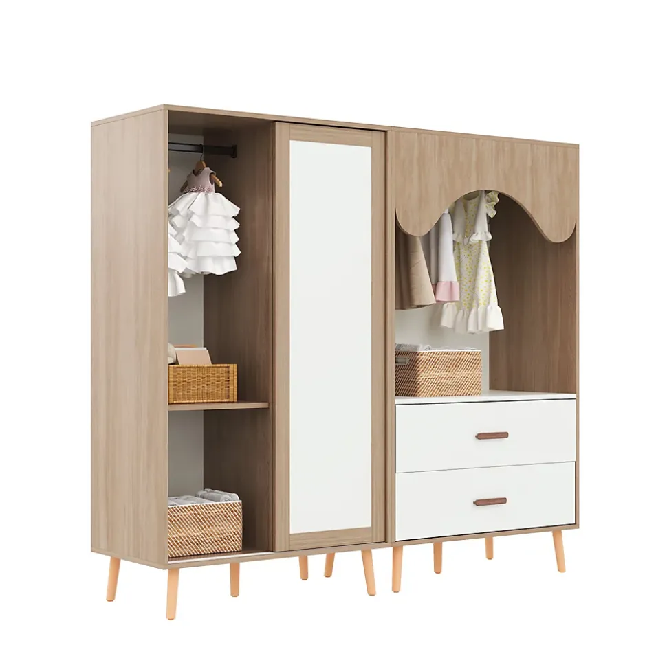 Armoire Enfant à Portes Coulissantes avec Étagères Ouvertes/2 Tiroirs - MDF Massif Blanc/Bois, 80x46x141,5 cm