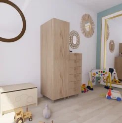 Armoire et commode effet chêne sur pieds 6 tiroirs chambre enfant GoodHome Atomia H. 198,5 x L. 100 x P. 58 cm