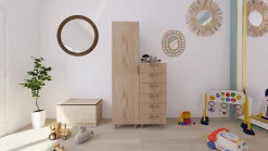 Armoire et commode effet chêne sur pieds 6 tiroirs chambre enfant GoodHome Atomia H. 198,5 x L. 100 x P. 58 cm
