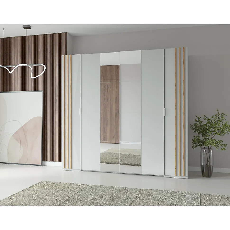 Armoire FLORENCE Blanc et chene 2 portes coulissantes et 2 battantes L218 cm 10 étagères