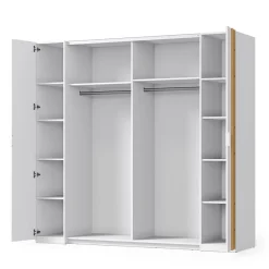 Armoire FLORENCE Blanc et chene 2 portes coulissantes et 2 battantes L218 cm 10 étagères
