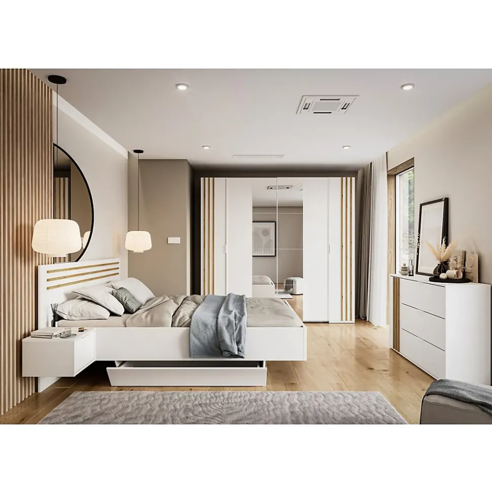 Armoire FLORENCE Blanc et chene 2 portes coulissantes et 2 battantes L218 cm 10 étagères