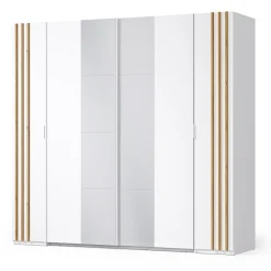 Armoire FLORENCE Blanc et chene 2 portes coulissantes et 2 battantes L218 cm 10 étagères