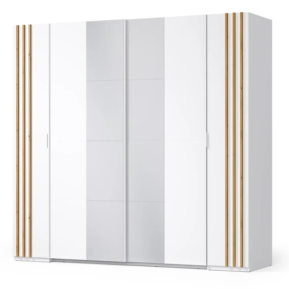 Armoire FLORENCE Blanc et chene 2 portes coulissantes et 2 battantes L218 cm 10 étagères