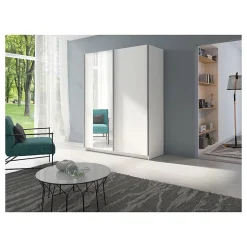 Armoire GOZU 2 portes coulissantes avec miroir - Coloris Blanc - 150 x 198 x 62 cm