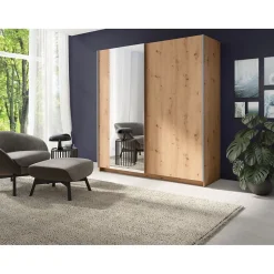 Armoire GOZU 2 portes coulissantes avec miroir - Coloris Chene Artisan - 180 x 198 x 62 cm