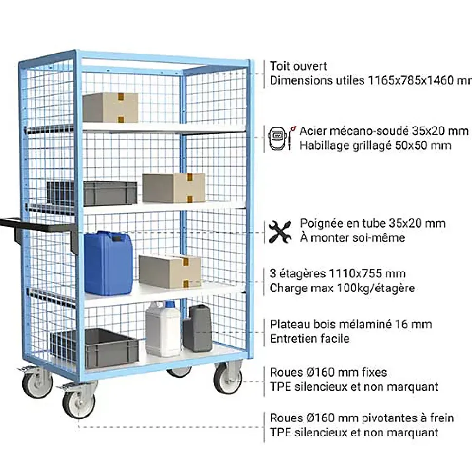 Armoire grillagée sans toit avec 3 étagères incluses - Plateau 1165x785mm - Charge max 500kg - 880725235