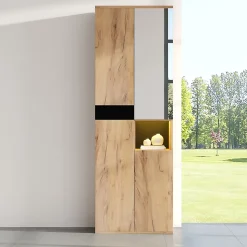 Armoire Haute avec Miroir et 4 Portes, Meuble de Rangement avec Niche Ouverte - Noir et Bois 65x35x190 cm