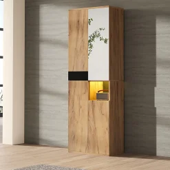 Armoire Haute avec Miroir et 4 Portes, Meuble de Rangement avec Niche Ouverte - Noir et Bois 65x35x190 cm