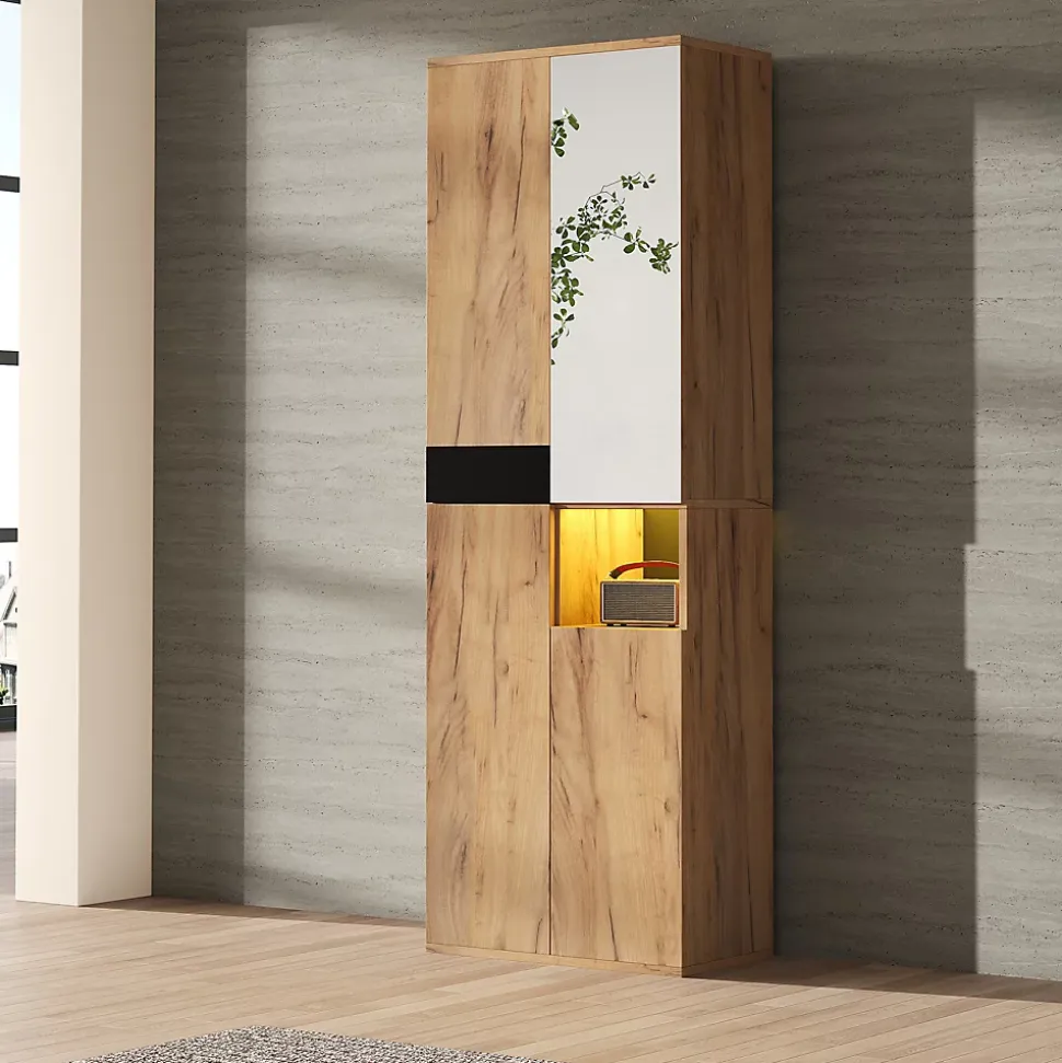 Armoire Haute avec Miroir et 4 Portes, Meuble de Rangement avec Niche Ouverte - Noir et Bois 65x35x190 cm