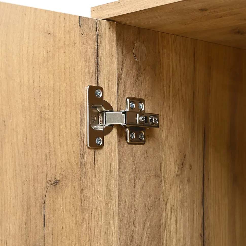Armoire Haute avec Miroir et 4 Portes, Meuble de Rangement avec Niche Ouverte - Noir et Bois 65x35x190 cm
