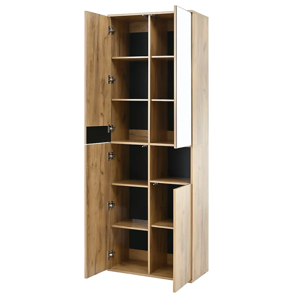 Armoire Haute avec Miroir et 4 Portes, Meuble de Rangement avec Niche Ouverte - Noir et Bois 65x35x190 cm