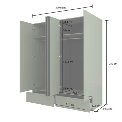 Armoire HAVANA 180 cm 4 portes et 2 tiroirs Coloris vert sauge et noir Design moderne et grande capacité