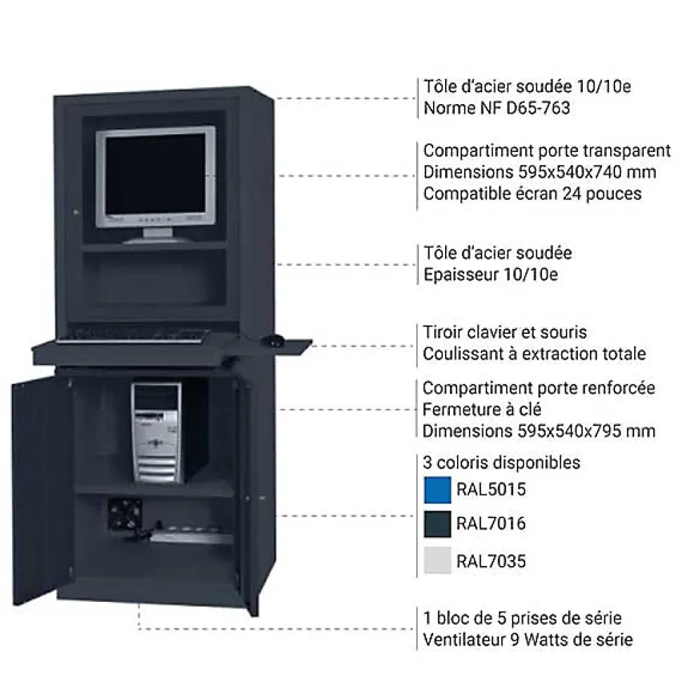 Armoire informatique - Ecran 24 pouces - Gris clair RAL7035 - W040010001-GC
