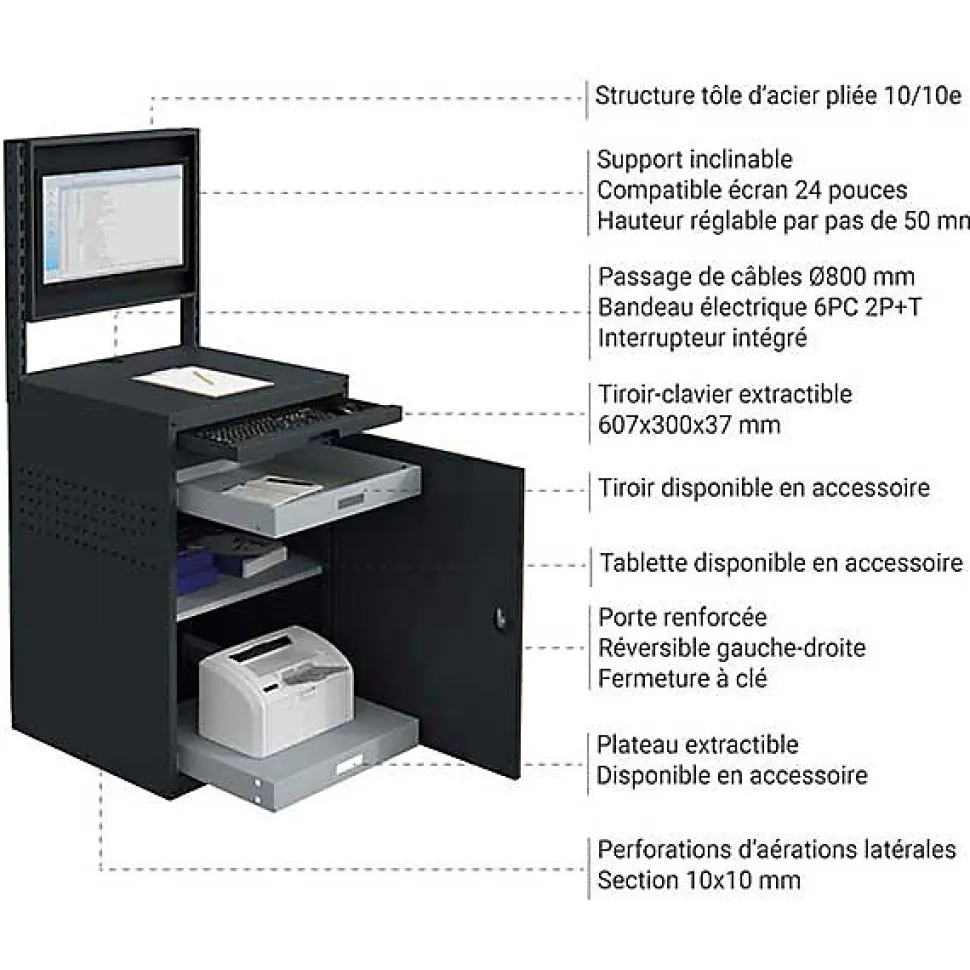 Armoire informatique fixe - Bleu industriel - Box écran 24 pouces inclinable - W040010027-GCBI