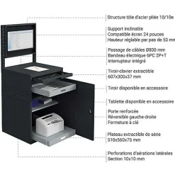 Armoire informatique fixe - Gris anthracite - Box écran 24 pouces inclinable et plateau - W040010029-GCGA
