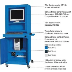 Armoire informatique mobile - Ecran 24 po - Bleu industriel RAL5015 - W040010002-BI
