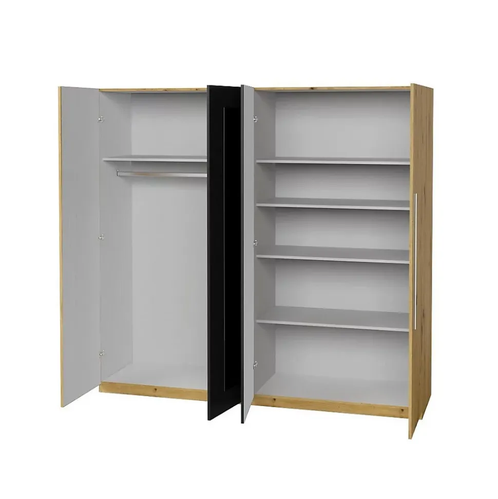 Armoire IRINA 4 portes avec miroirs - chene et noir - 228 x 57 x 214 cm