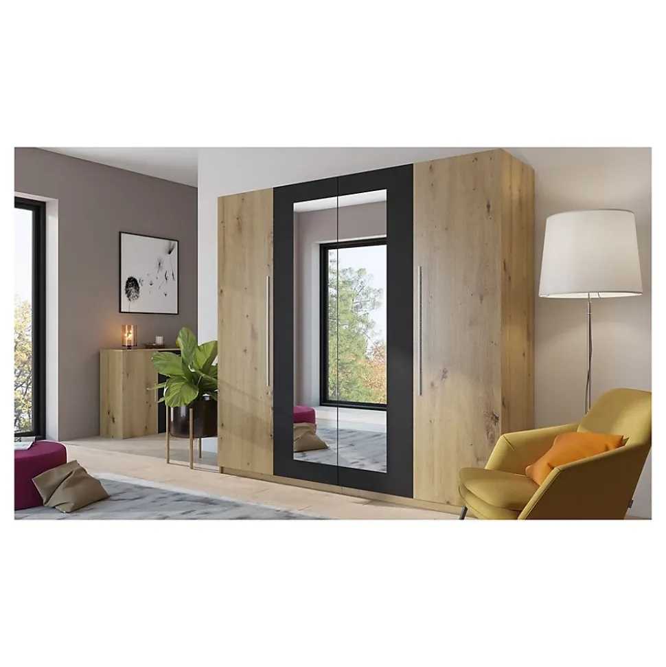 Armoire IRINA 4 portes avec miroirs - chene et noir - 228 x 57 x 214 cm
