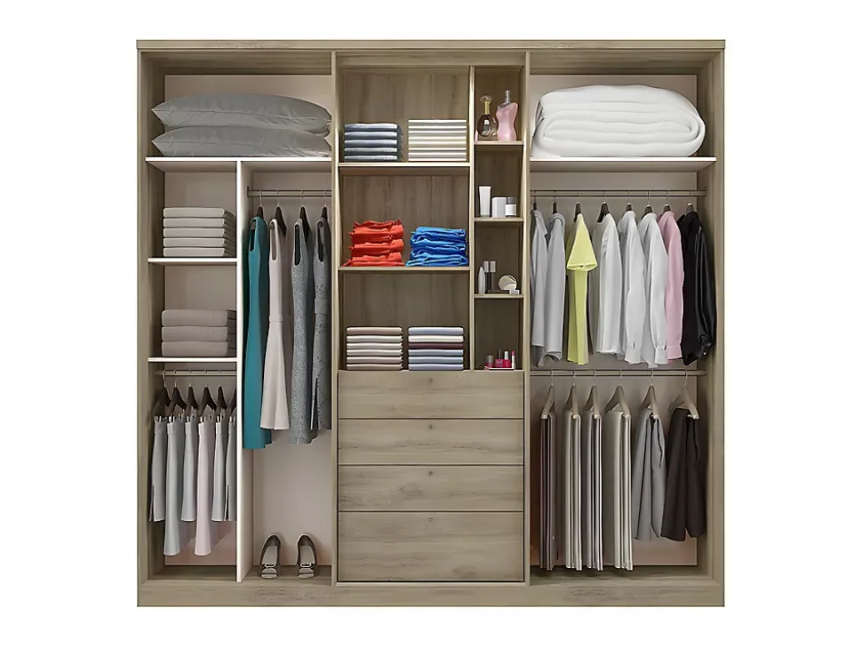 Armoire ISAK II - 4 portes - Miroir et tiroirs - L240 cm - Chêne et ivoire