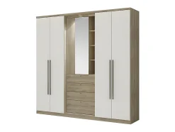 Armoire ISAK II - 4 portes - Miroir et tiroirs - L240 cm - Chêne et ivoire