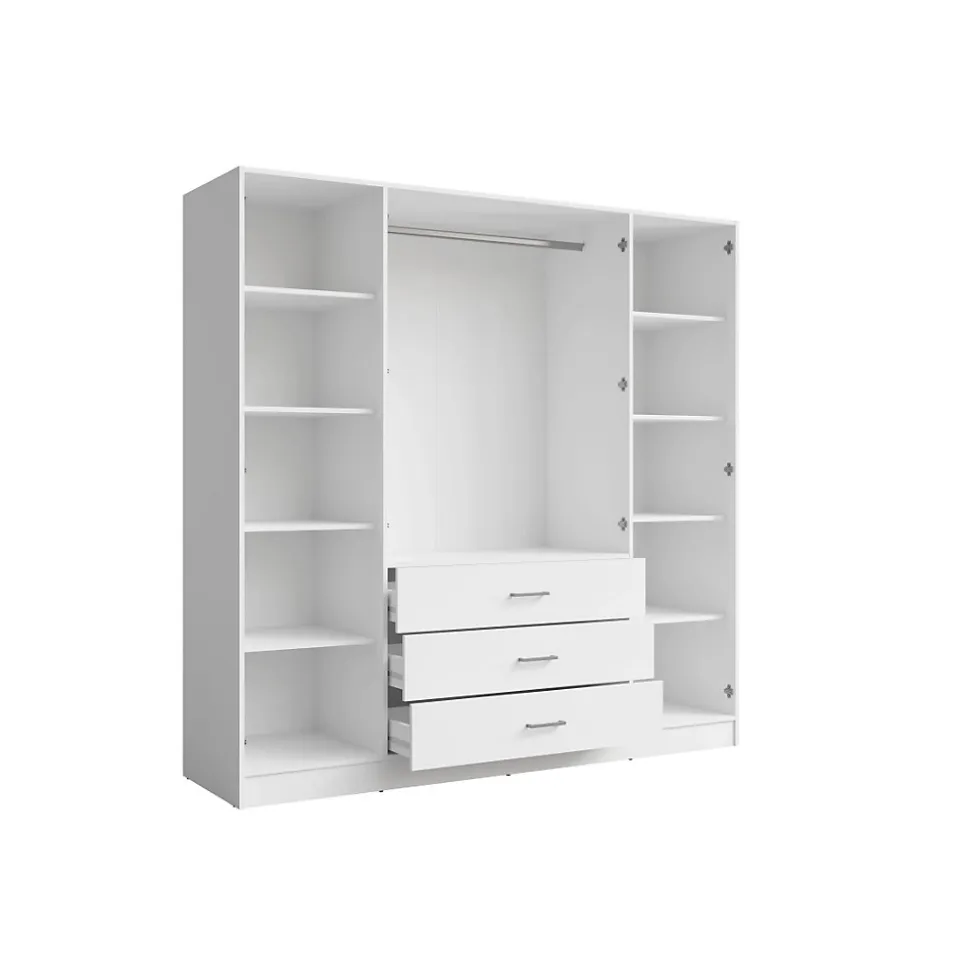 Armoire KALISTA 200 cm blanc mat 4 portes battantes, 2 miroirs, 3 tiroirs